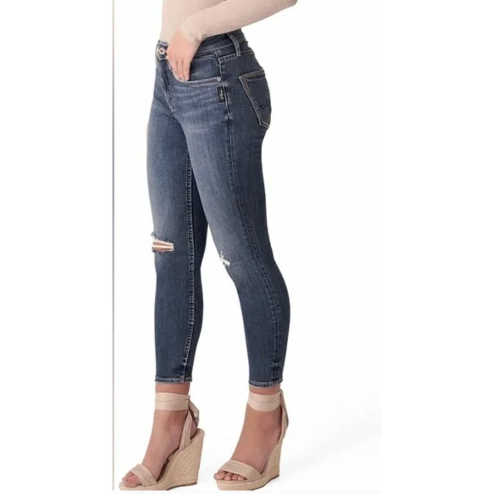 Silver Jeans Co Avery Skinny Crop Jeans Womens 28 Dark Wash Distressed High Rise